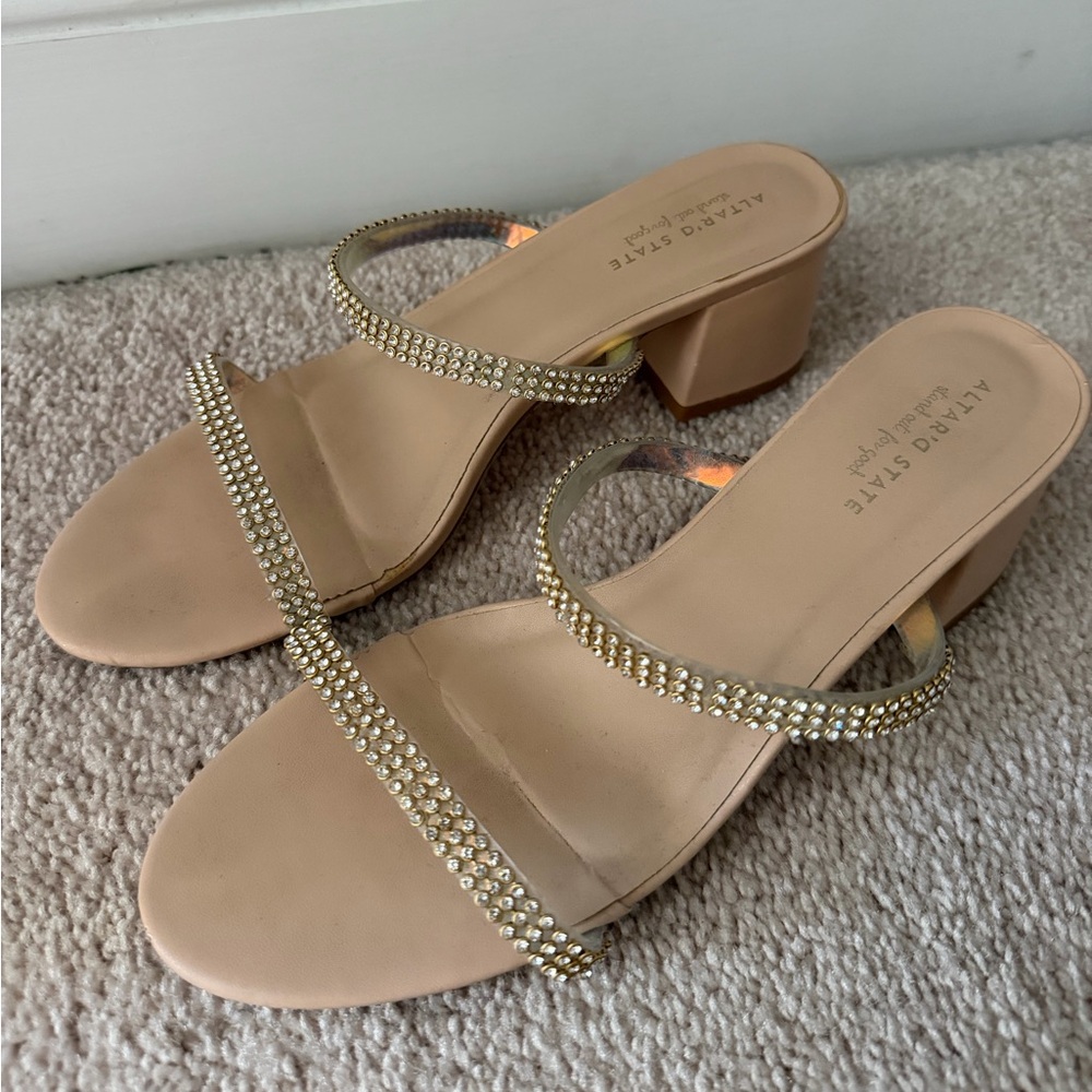 Altar'd State Nude Rhinestone Double-Strap Block Heels Size 8.5